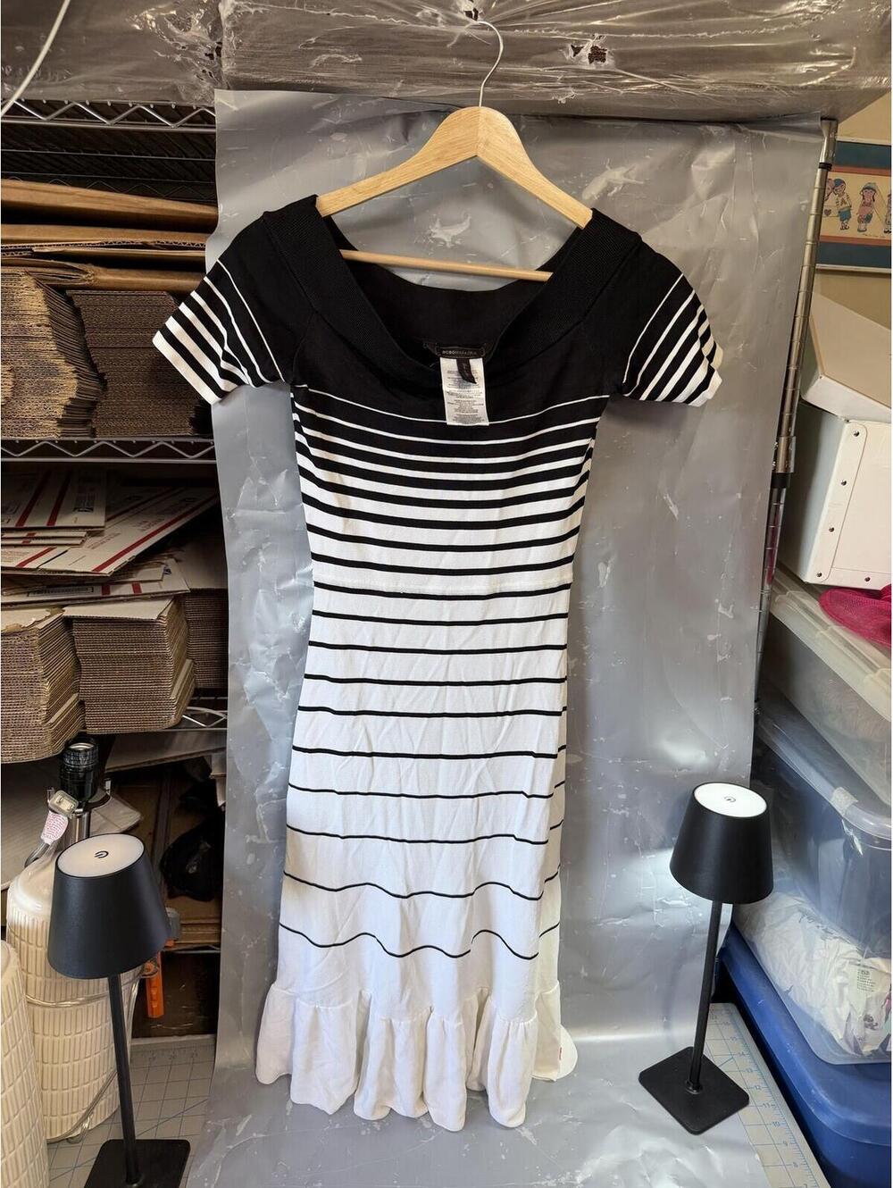 BCBGMAXAZRIA Agnese Off-Shoulder Striped Ruffle Hem Knit Dress XS